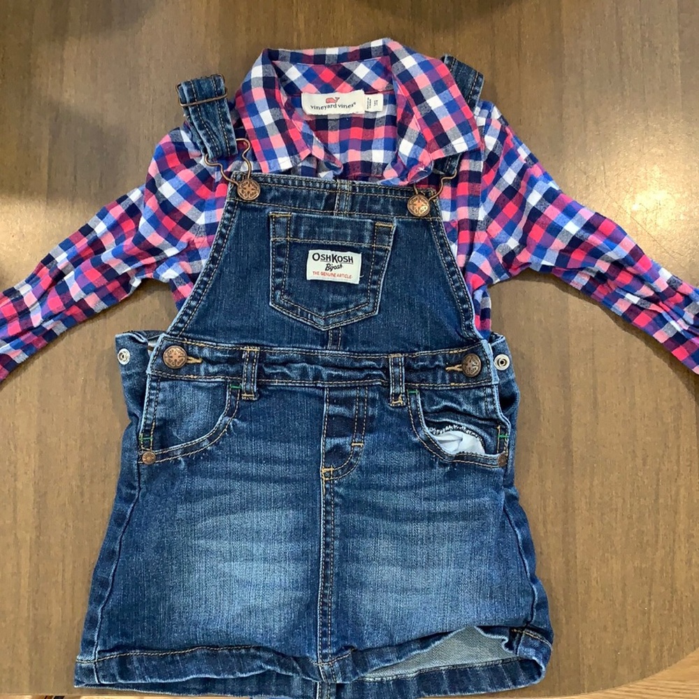 Vineyard Vines flannel tunic and Oshkosh overalls